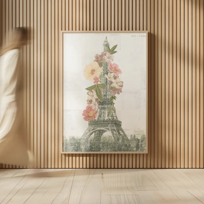 Floral Eiffel Tower Neutral by Wild Apple Portfolio. shown as over sized large wall art. Available as an archival giclee rolled canvas, fine art paper, or poster print. SKU 62404h.
