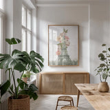 Floral Eiffel Tower Neutral by Wild Apple Portfolio. shown as a print in a natural wood frame in a dining room. Available as a archival giclee rolled canvas, fine art paper, or poster print. SKU 62404h.