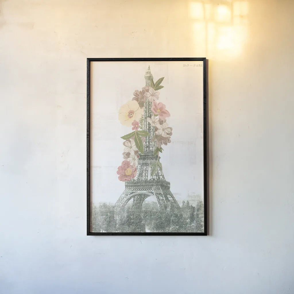 Floral Eiffel Tower Neutral by Wild Apple Portfolio. shown as a paper print in a black flame. Available as a archival giclee rolled canvas, fine art paper, or poster print. SKU 62404h.