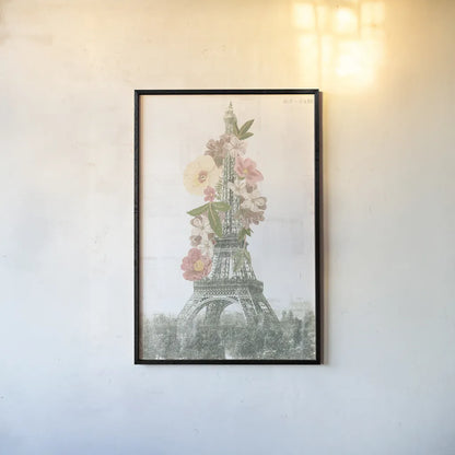 Floral Eiffel Tower Neutral by Wild Apple Portfolio. shown as a paper print in a black flame. Available as a archival giclee rolled canvas, fine art paper, or poster print. SKU 62404h.