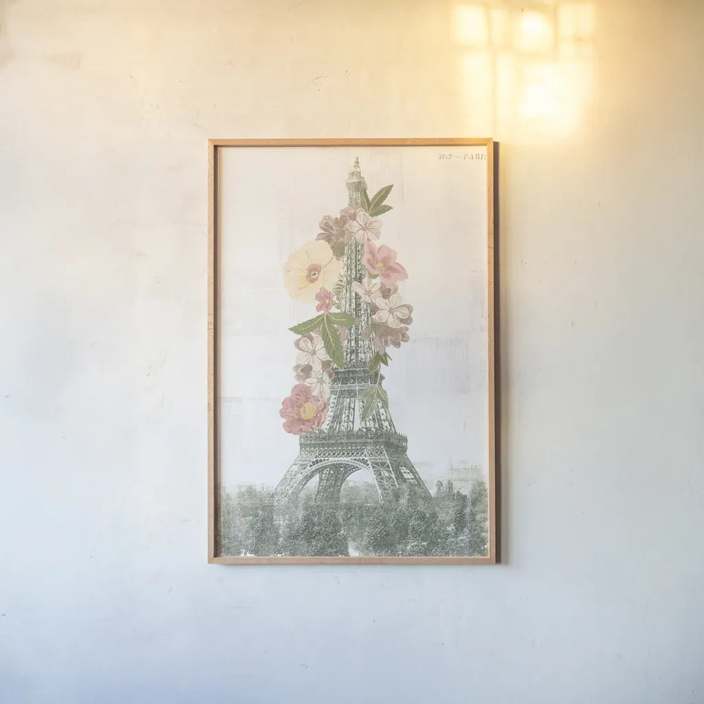 Floral Eiffel Tower Neutral by Wild Apple Portfolio. shown as a paper print in a natural frame. Available as a archival giclee rolled canvas, fine art paper, or poster print. SKU 62404h.