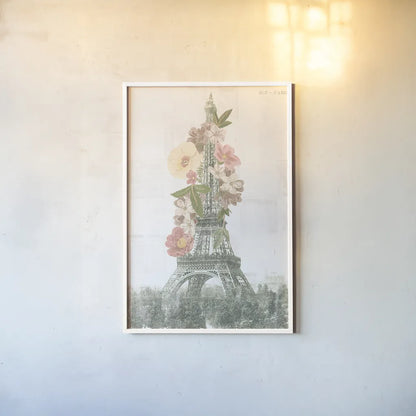Floral Eiffel Tower Neutral by Wild Apple Portfolio. shown as a paper print in a white frame. Available as a archival giclee rolled canvas, fine art paper, or poster print. SKU 62404h.