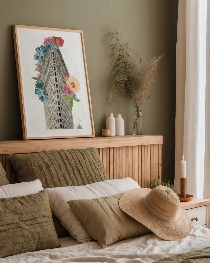 Floral Flat Iron by Wild Apple Portfolio. shown as a paper print in a natural frame. Available as a archival giclee rolled canvas, fine art paper, or poster print. SKU 46629h.