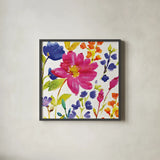 Floral Medley I by Wild Apple Portfolio. Shown in a sleek black glass frame for a contemporary gallery look. Available as an archival giclee rolled canvas, fine art paper, or poster print. SKU 13208a.