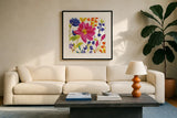 Floral Medley I by Wild Apple Portfolio. Displayed in a glass frame with matte in a clean modern living room. Available as an archival giclee rolled canvas, fine art paper, or poster print. SKU 13208a.