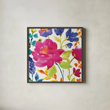 Floral Medley II by Wild Apple Portfolio. Shown in a sleek black glass frame for a contemporary gallery look. Available as an archival giclee rolled canvas, fine art paper, or poster print. SKU 13209a.