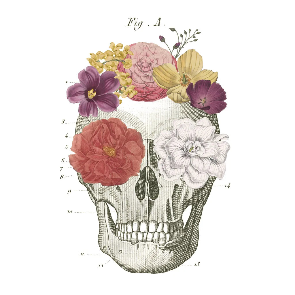 Floral Skull I by Wild Apple Portfolio. SKU 37401a. Archival Giclee Fine art print for wall decor.