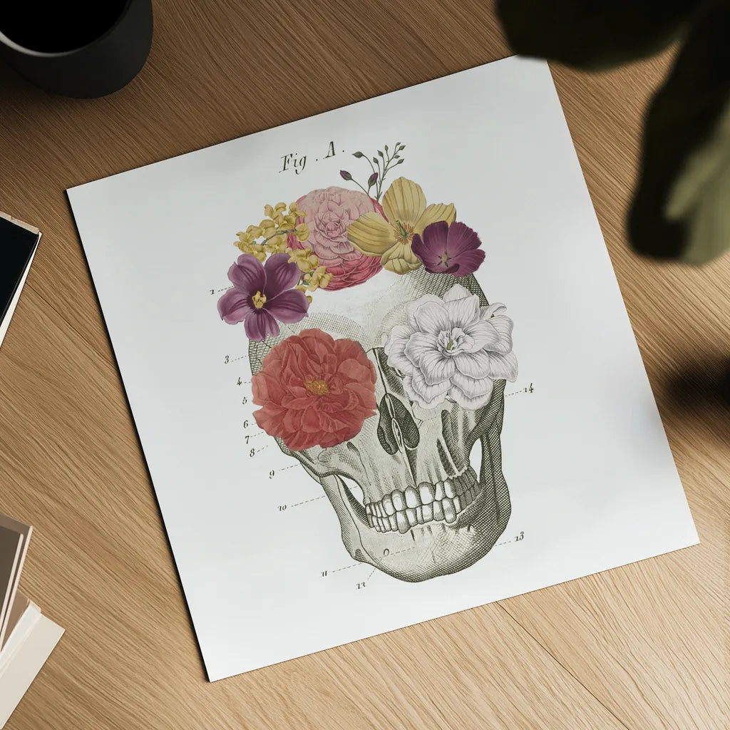 Floral Skull I by Wild Apple Portfolio. Shown as a detailed flat fine art print, highlighting archival giclee quality. Available as an archival giclee rolled canvas, fine art paper, or poster print. SKU 37401a.