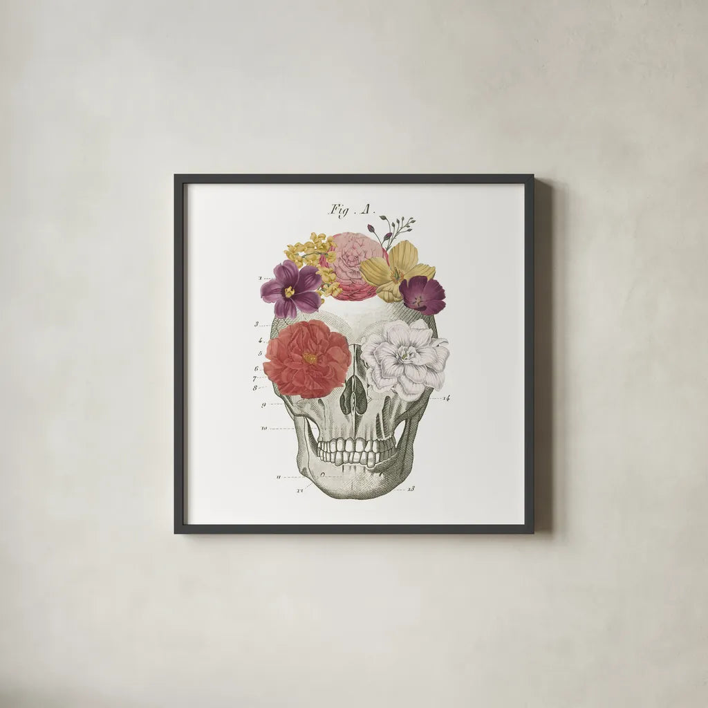Floral Skull I by Wild Apple Portfolio. Shown in a sleek black glass frame for a contemporary gallery look. Available as an archival giclee rolled canvas, fine art paper, or poster print. SKU 37401a.