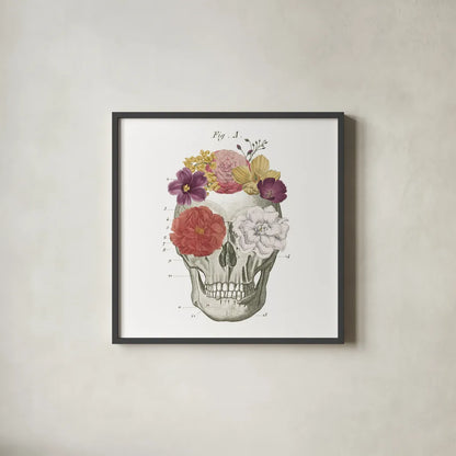 Floral Skull I by Wild Apple Portfolio. Shown in a sleek black glass frame for a contemporary gallery look. Available as an archival giclee rolled canvas, fine art paper, or poster print. SKU 37401a.