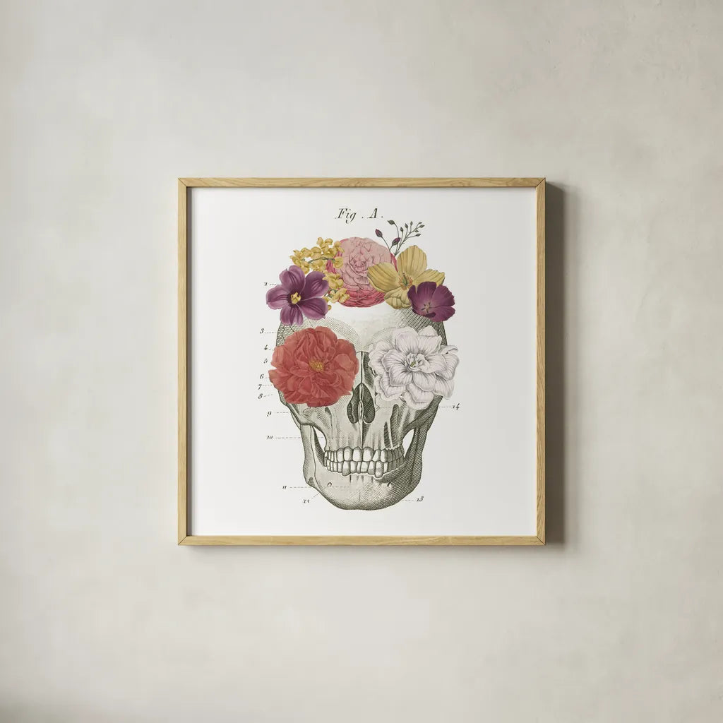 Floral Skull I by Wild Apple Portfolio. Shown in a natural wood glass frame for a timeless modern aesthetic. Available as an archival giclee rolled canvas, fine art paper, or poster print. SKU 37401a.