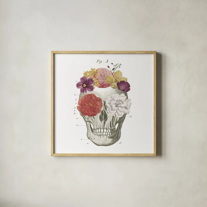 Floral Skull I by Wild Apple Portfolio. Shown in a natural wood glass frame for a timeless modern aesthetic. Available as an archival giclee rolled canvas, fine art paper, or poster print. SKU 37401a.
