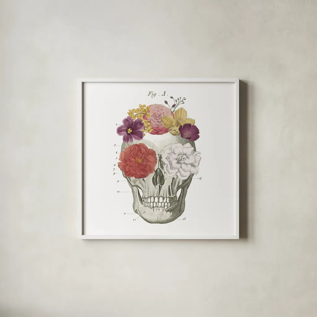 Floral Skull I by Wild Apple Portfolio. Shown in a crisp white glass frame for a clean and minimalist style. Available as an archival giclee rolled canvas, fine art paper, or poster print. SKU 37401a.