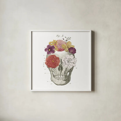 Floral Skull I by Wild Apple Portfolio. Shown in a crisp white glass frame for a clean and minimalist style. Available as an archival giclee rolled canvas, fine art paper, or poster print. SKU 37401a.