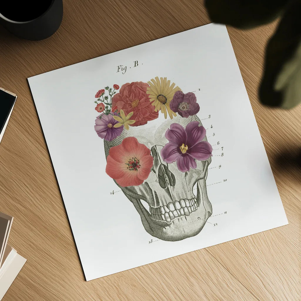 Floral Skull II by Wild Apple Portfolio. Shown as a detailed flat fine art print, highlighting archival giclee quality. Available as an archival giclee rolled canvas, fine art paper, or poster print. SKU 37402a.