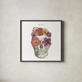Floral Skull II by Wild Apple Portfolio. Shown in a sleek black glass frame for a contemporary gallery look. Available as an archival giclee rolled canvas, fine art paper, or poster print. SKU 37402a.