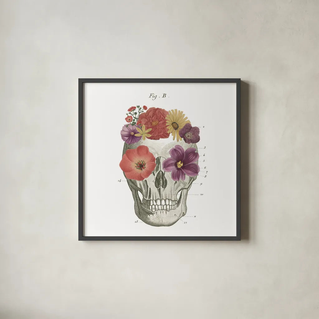 Floral Skull II by Wild Apple Portfolio. Shown in a sleek black glass frame for a contemporary gallery look. Available as an archival giclee rolled canvas, fine art paper, or poster print. SKU 37402a.