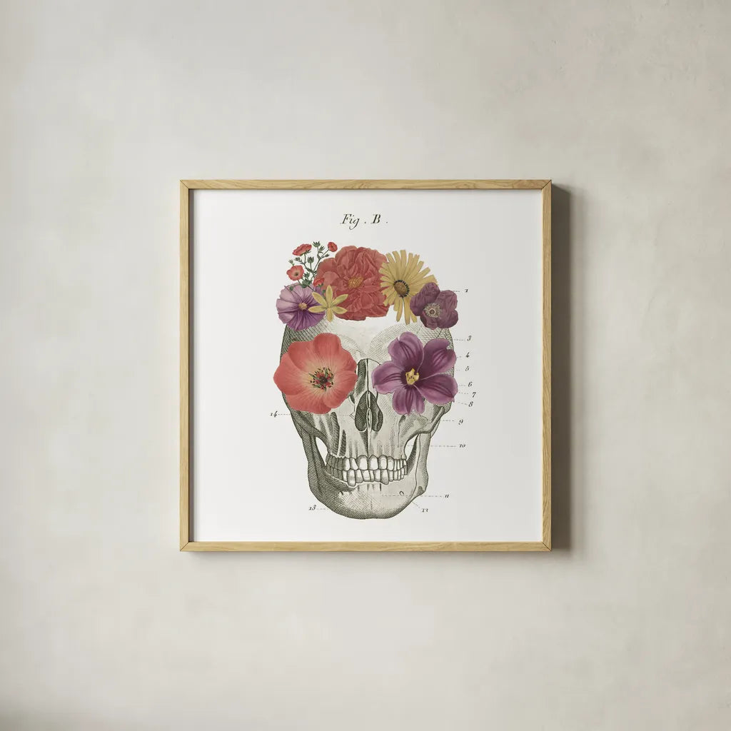 Floral Skull II by Wild Apple Portfolio. Shown in a natural wood glass frame for a timeless modern aesthetic. Available as an archival giclee rolled canvas, fine art paper, or poster print. SKU 37402a.