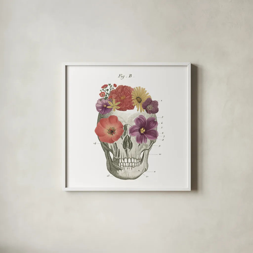 Floral Skull II by Wild Apple Portfolio. Shown in a crisp white glass frame for a clean and minimalist style. Available as an archival giclee rolled canvas, fine art paper, or poster print. SKU 37402a.