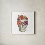 Floral Skull II by Wild Apple Portfolio. Shown in a crisp white glass frame for a clean and minimalist style. Available as an archival giclee rolled canvas, fine art paper, or poster print. SKU 37402a.