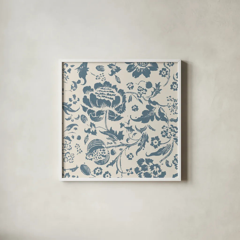 Floral Toile I by Wild Apple Portfolio. Shown in a crisp white glass frame for a clean and minimalist style. Available as an archival giclee rolled canvas, fine art paper, or poster print. SKU 72011a.
