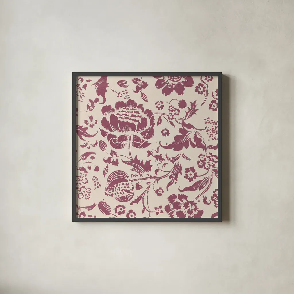 Floral Toile I Berry by Wild Apple Portfolio. Shown in a sleek black glass frame for a contemporary gallery look. Available as an archival giclee rolled canvas, fine art paper, or poster print. SKU 93323a.