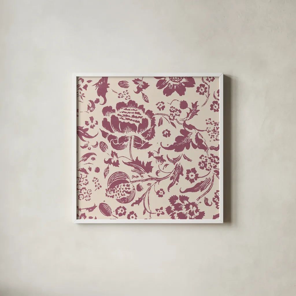 Floral Toile I Berry by Wild Apple Portfolio. Shown in a crisp white glass frame for a clean and minimalist style. Available as an archival giclee rolled canvas, fine art paper, or poster print. SKU 93323a.