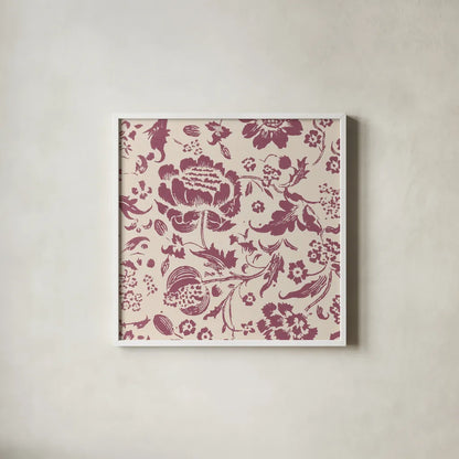 Floral Toile I Berry by Wild Apple Portfolio. Shown in a crisp white glass frame for a clean and minimalist style. Available as an archival giclee rolled canvas, fine art paper, or poster print. SKU 93323a.