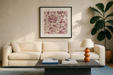 Floral Toile I Berry by Wild Apple Portfolio. Displayed in a glass frame with matte in a clean modern living room. Available as an archival giclee rolled canvas, fine art paper, or poster print. SKU 93323a.