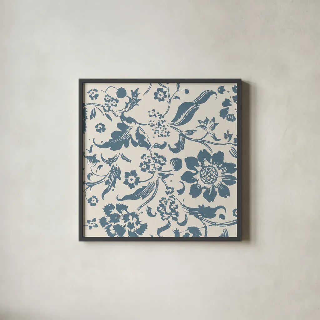 Floral Toile II by Wild Apple Portfolio. Shown in a sleek black glass frame for a contemporary gallery look. Available as an archival giclee rolled canvas, fine art paper, or poster print. SKU 72012a.