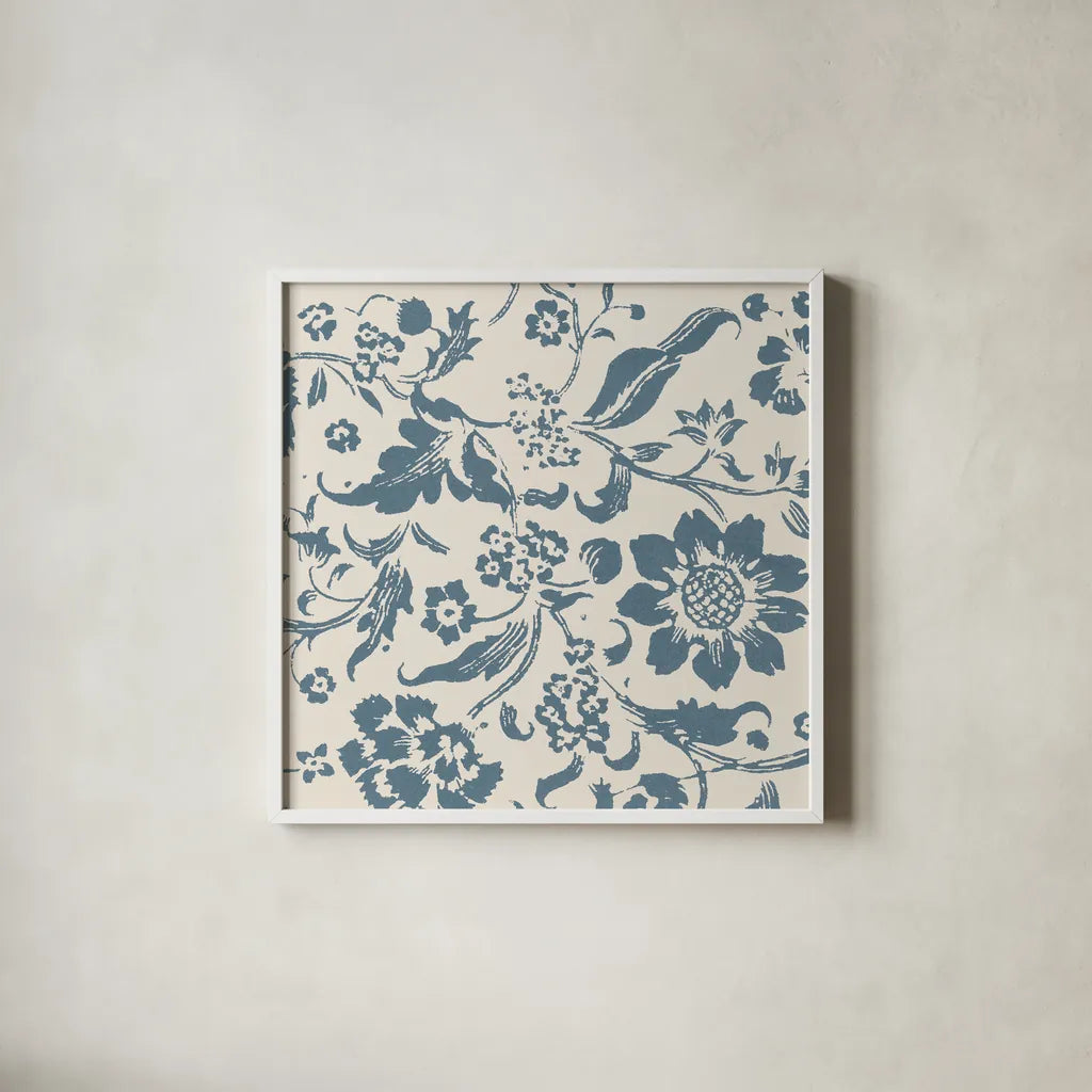Floral Toile II by Wild Apple Portfolio. Shown in a crisp white glass frame for a clean and minimalist style. Available as an archival giclee rolled canvas, fine art paper, or poster print. SKU 72012a.