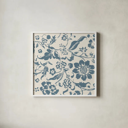 Floral Toile II by Wild Apple Portfolio. Shown in a crisp white glass frame for a clean and minimalist style. Available as an archival giclee rolled canvas, fine art paper, or poster print. SKU 72012a.