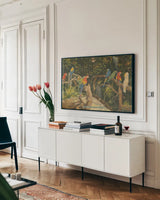 Florida Postcard II by Wild Apple Portfolio. shown as a framed stretched canvas in a living room above a console. Available as a archival giclee rolled canvas, fine art paper, or poster print. SKU 57479i.
