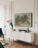Florida Postcard III by Wild Apple Portfolio. shown as a framed stretched canvas in a living room above a console. Available as a archival giclee rolled canvas, fine art paper, or poster print. SKU 57480i.