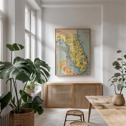 Florida Postcard VI by Wild Apple Portfolio. shown as a print in a natural wood frame in a dining room. Available as a archival giclee rolled canvas, fine art paper, or poster print. SKU 57483h.