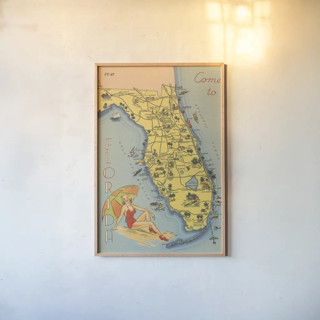 Florida Postcard VI by Wild Apple Portfolio. shown as a paper print in a natural frame. Available as a archival giclee rolled canvas, fine art paper, or poster print. SKU 57483h.