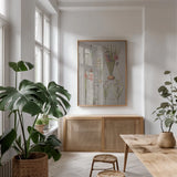 Florilegium III Gray by Wild Apple Portfolio. shown as a print in a natural wood frame in a dining room. Available as a archival giclee rolled canvas, fine art paper, or poster print. SKU 63087h.