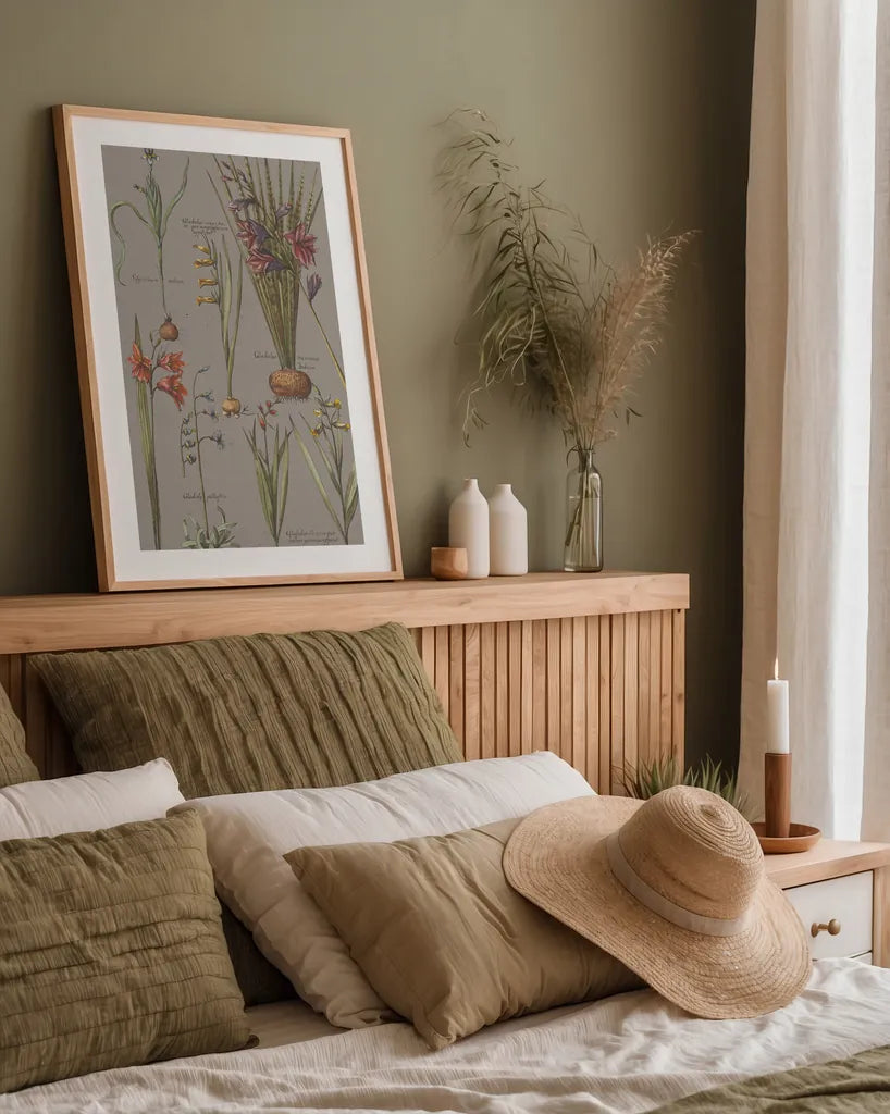 Florilegium III Gray by Wild Apple Portfolio. shown as a paper print in a natural frame. Available as a archival giclee rolled canvas, fine art paper, or poster print. SKU 63087h.