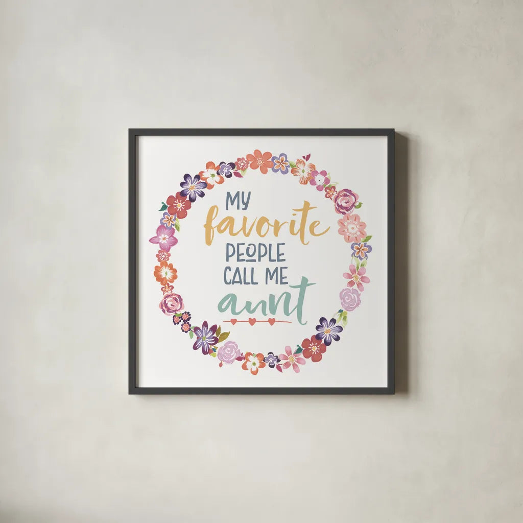 Flourish Aunt Inspiration IV by Wild Apple Portfolio. Shown in a sleek black glass frame for a contemporary gallery look. Available as an archival giclee rolled canvas, fine art paper, or poster print. SKU 57243a.