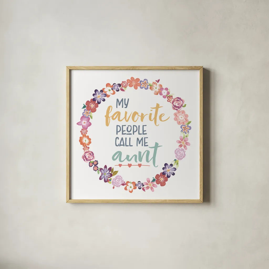 Flourish Aunt Inspiration IV by Wild Apple Portfolio. Shown in a natural wood glass frame for a timeless modern aesthetic. Available as an archival giclee rolled canvas, fine art paper, or poster print. SKU 57243a.