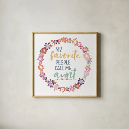 Flourish Aunt Inspiration IV by Wild Apple Portfolio. Shown in a natural wood glass frame for a timeless modern aesthetic. Available as an archival giclee rolled canvas, fine art paper, or poster print. SKU 57243a.