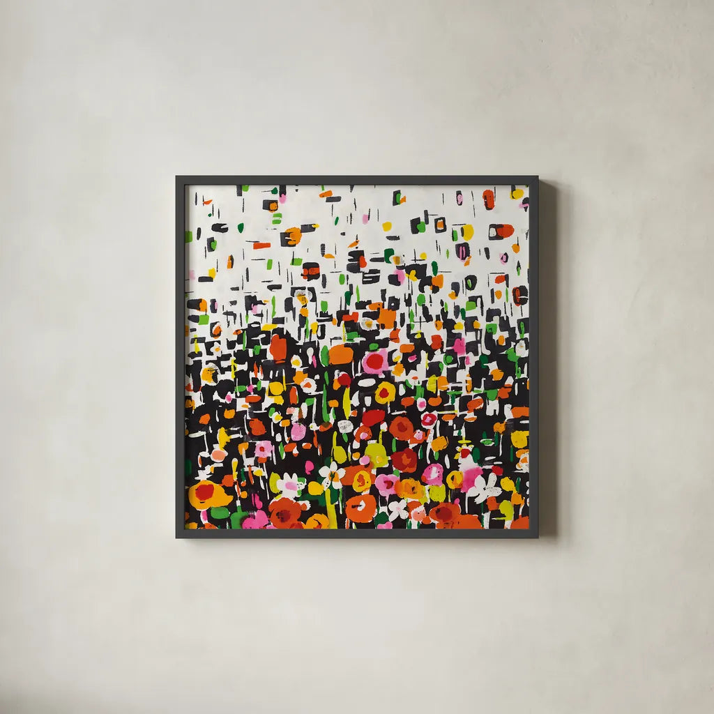 Flower Shower Crop by Wild Apple Portfolio. Shown in a sleek black glass frame for a contemporary gallery look. Available as an archival giclee rolled canvas, fine art paper, or poster print. SKU 25222a.