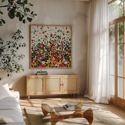 Flower Shower Crop by Wild Apple Portfolio. Shown in a natural wood frame in a cozy modern living room. Available as an archival giclee rolled canvas, fine art paper, or poster print. SKU 25222a.