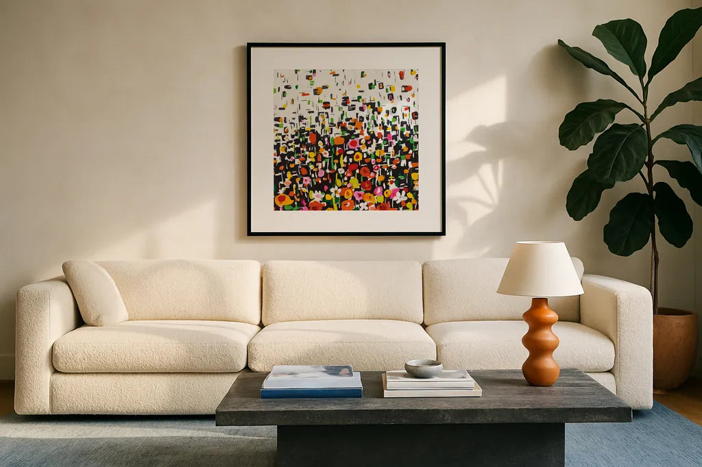 Flower Shower Crop by Wild Apple Portfolio. Displayed in a glass frame with matte in a clean modern living room. Available as an archival giclee rolled canvas, fine art paper, or poster print. SKU 25222a.