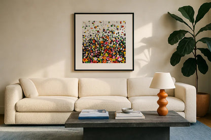 Flower Shower Crop by Wild Apple Portfolio. Displayed in a glass frame with matte in a clean modern living room. Available as an archival giclee rolled canvas, fine art paper, or poster print. SKU 25222a.