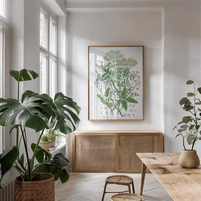 Flowering Plants I by Wild Apple Portfolio. shown as a print in a natural wood frame in a dining room. Available as a archival giclee rolled canvas, fine art paper, or poster print. SKU 52063h.