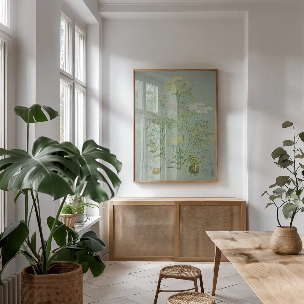 Flowering Plants II Green Linen by Wild Apple Portfolio. shown as a print in a natural wood frame in a dining room. Available as a archival giclee rolled canvas, fine art paper, or poster print. SKU 63054h.