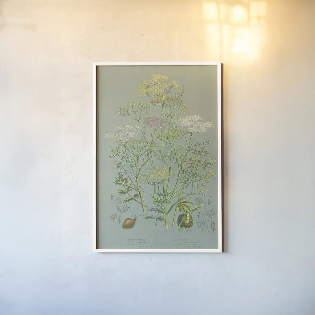 Flowering Plants II Green Linen by Wild Apple Portfolio. shown as a paper print in a white frame. Available as a archival giclee rolled canvas, fine art paper, or poster print. SKU 63054h.