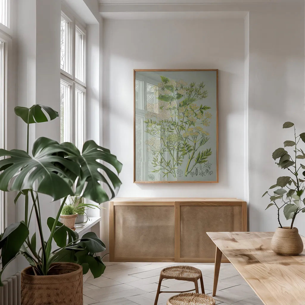 Flowering Plants III Green Linen by Wild Apple Portfolio. shown as a print in a natural wood frame in a dining room. Available as a archival giclee rolled canvas, fine art paper, or poster print. SKU 63055h.