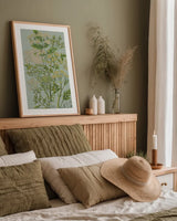 Flowering Plants III Green Linen by Wild Apple Portfolio. shown as a paper print in a natural frame. Available as a archival giclee rolled canvas, fine art paper, or poster print. SKU 63055h.